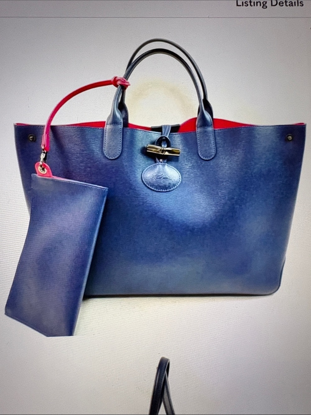 Longchamp Reversible learheNavy Leather Tote, Red Interior and Matching Pouch